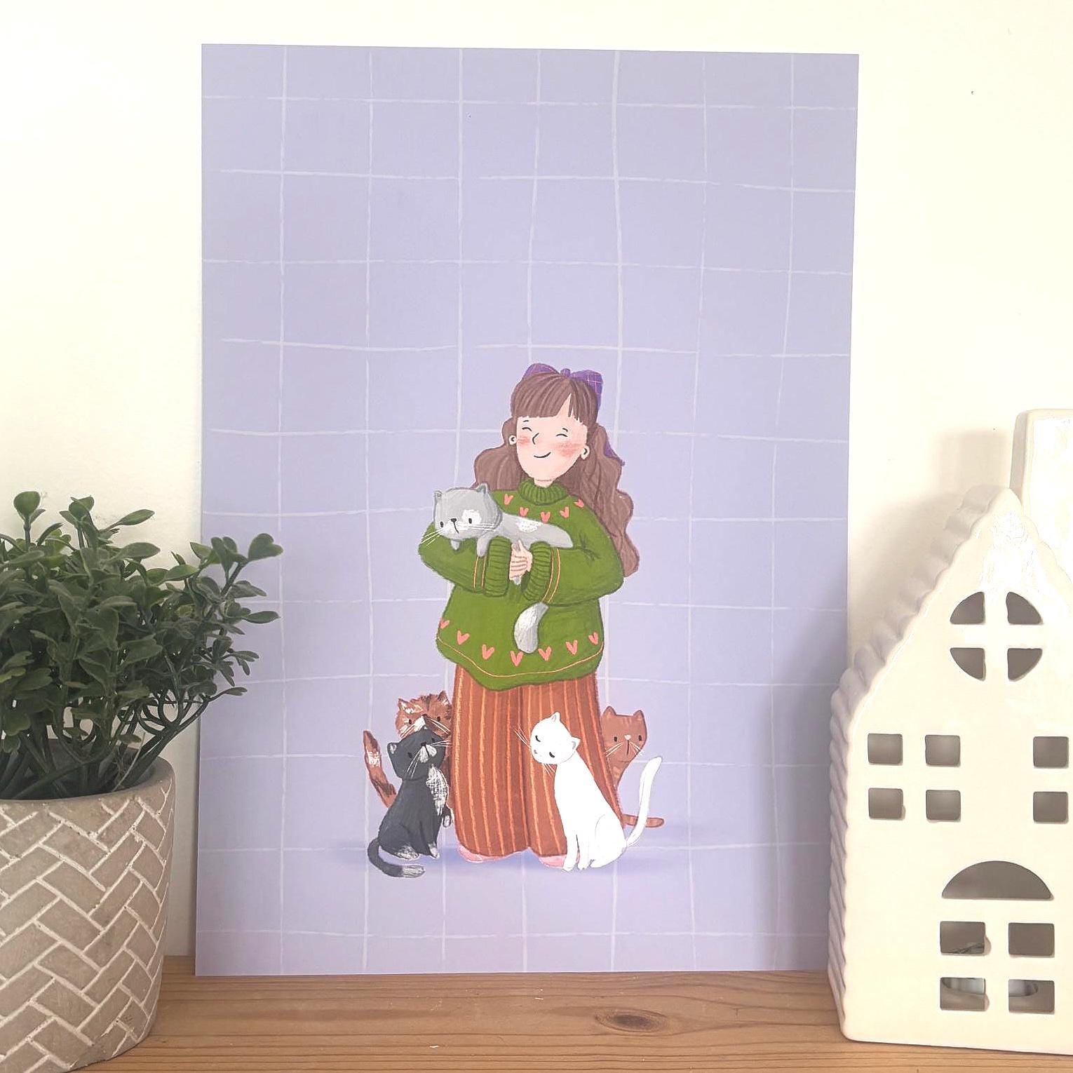 Illustrated ‘Cat Lady’ Art Print Poster A4