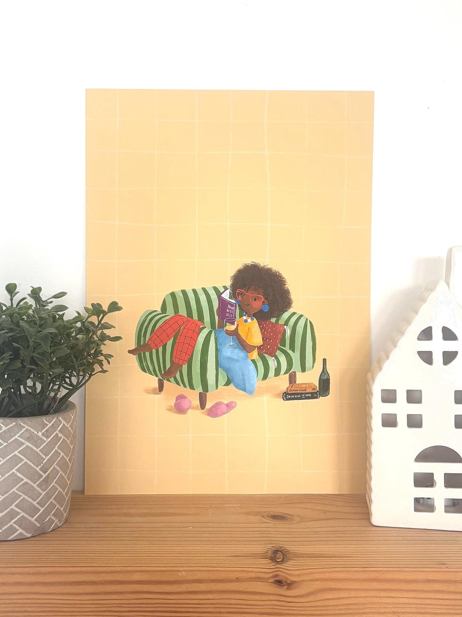 Illustrated ‘Girl on a Stripy Chair’ Art Print Poster A4