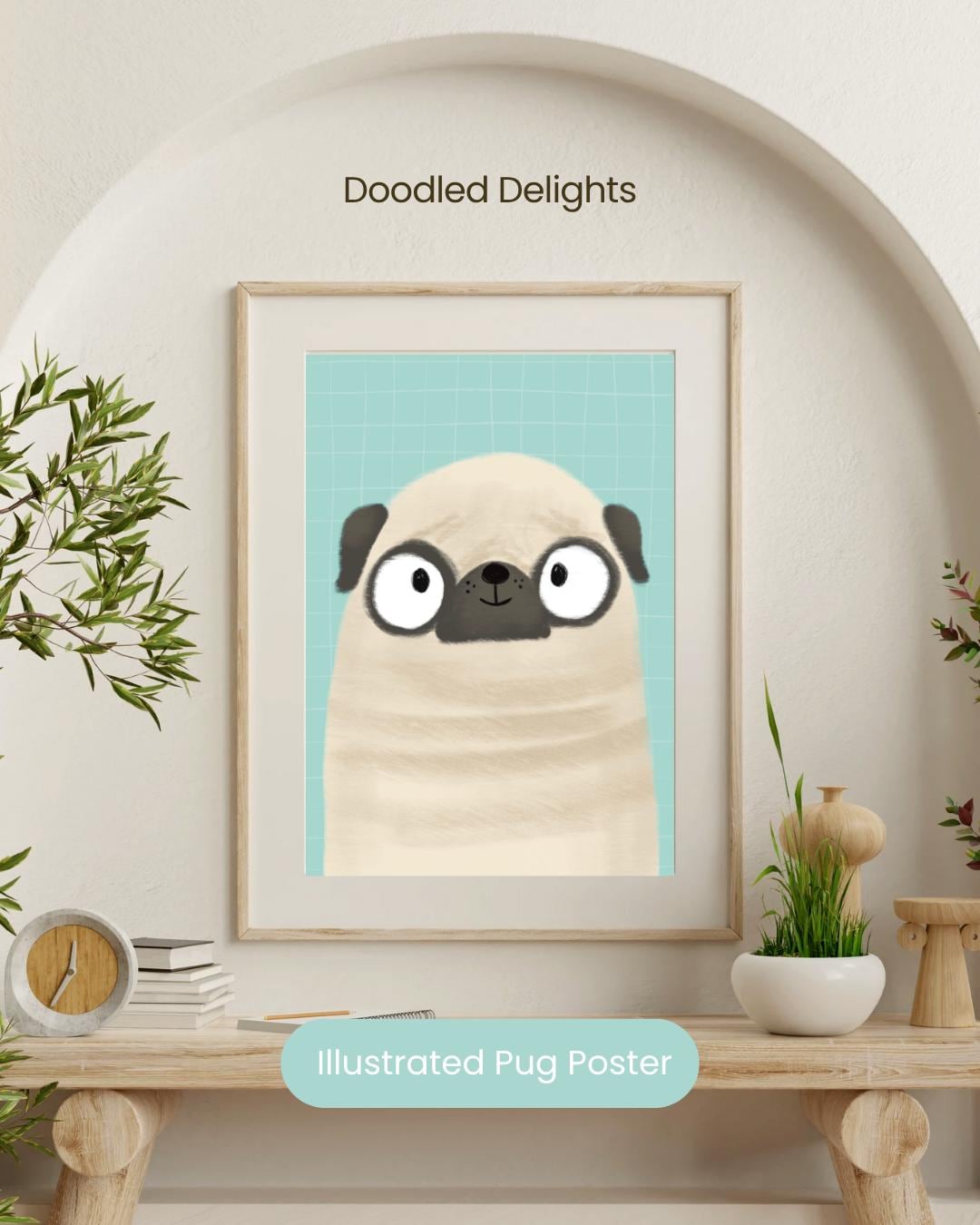 Illustrated Pug Art Print Poster A4