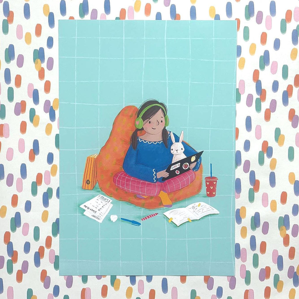 Illustrated ‘Study Bunny’ Art Print Poster A4