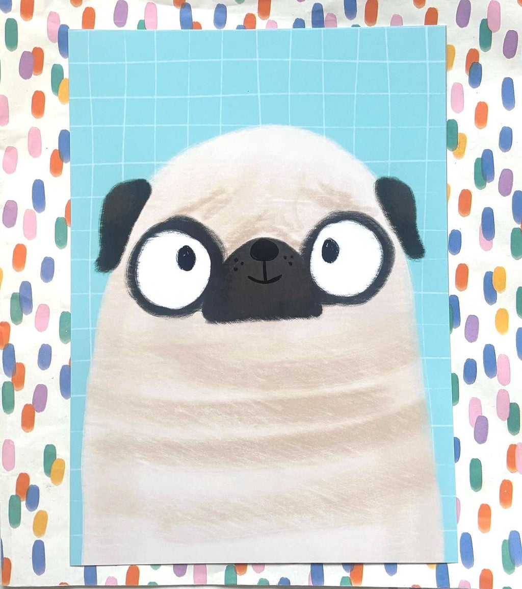 Illustrated Pug Art Print Poster A4