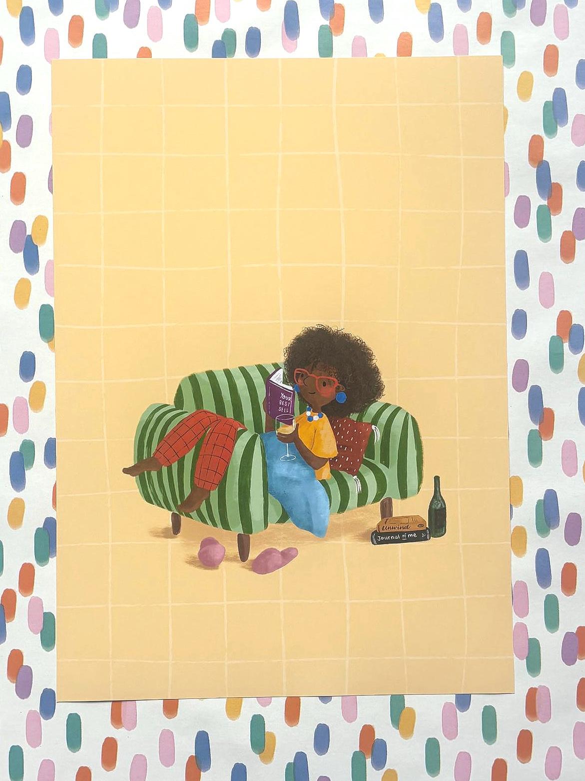 Illustrated ‘Girl on a Stripy Chair’ Art Print Poster A4