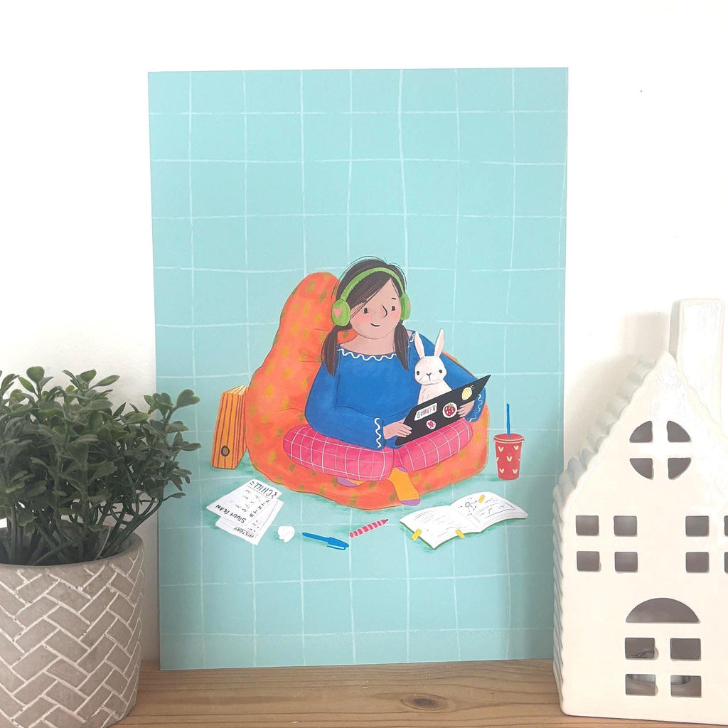 Illustrated ‘Study Bunny’ Art Print Poster A4